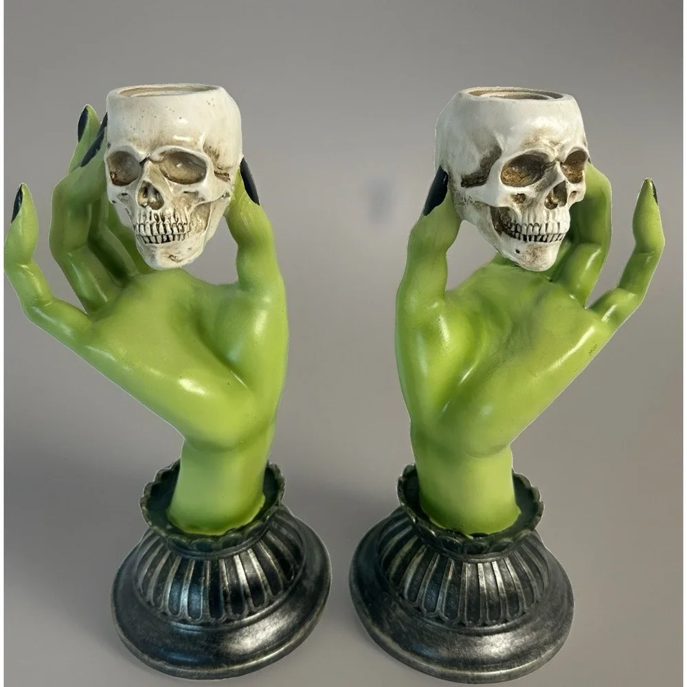 Gothic Skull Hand Taper Candle Holders Green Witch 2 Pc Halloween Decor Resin